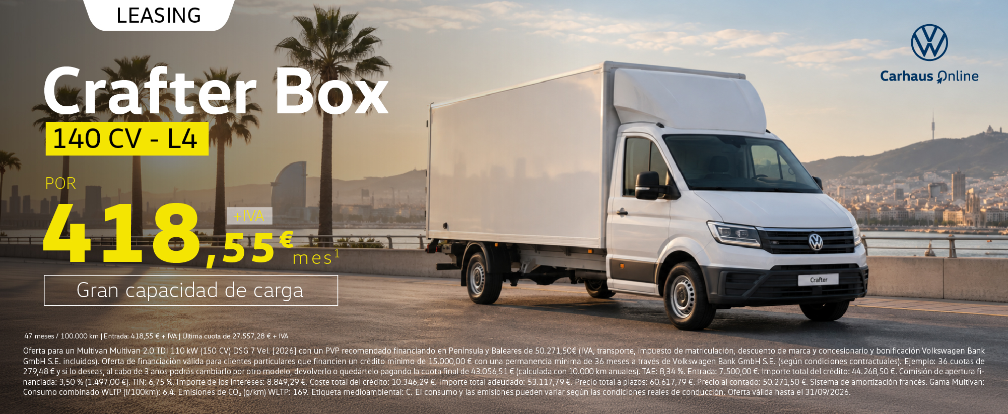 Volkswagen Crafter Box L4 140 CV leasing por 418,55 euros al mes más IVA
